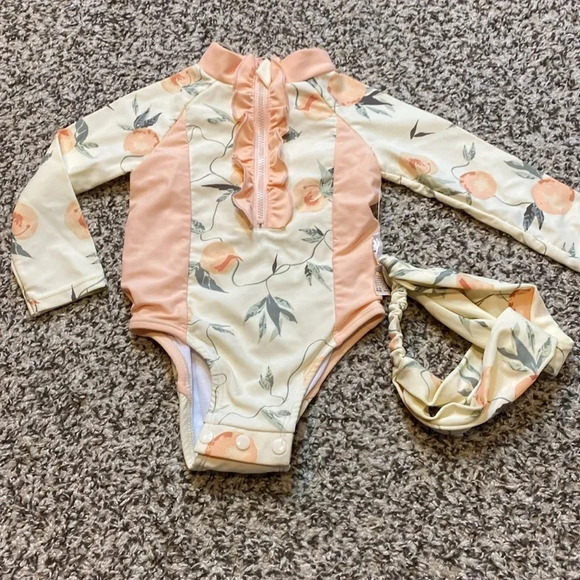 🆕 Jessica Simpson Pastel Floral Rashguard Swimsuit with Matching Headband - Picture 3 of 5